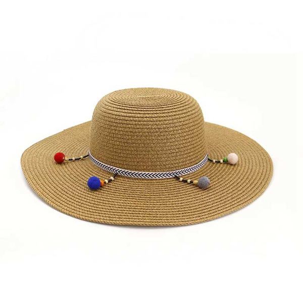 

wzcx 2019 fashion new small hair ball pendant straw hat casual tide solid color wide brim beach hat women's cap, Blue;gray
