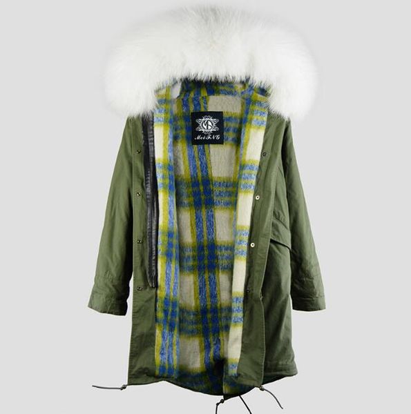 white raccoon fur trim meifeng brand women snow coats blue plaid down lining army green long parkas, Black
white raccoon fur trim meifeng brand women snow coats blue plaid down lining army green long parkas, Black