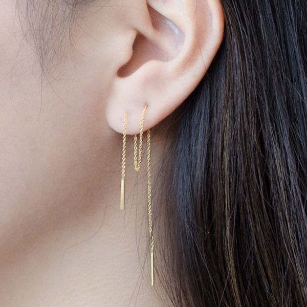 long line ear threader earrings thread dangle chain pull-through wire earrings in 925 sterling silver, gold or rose gold, Golden
long line ear threader earrings thread dangle chain pull-through wire earrings in 925 sterling silver, gold or rose gold, Golden