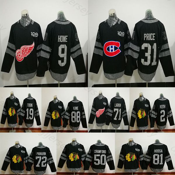 2018 Men's 19 Jonathan Toews Jerseys 87 Sidney Crosby 9 Gordie Howe Dylan Larkin Premier Black Carey Price Duncan Keith 100th hockey Jersey