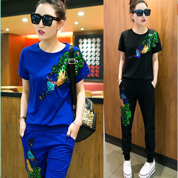 peacock sequin tracksuits sportswear women 2 piece pants sets 2017 summer fashion short sleeve ladies track suits pink black, White;black
peacock sequin tracksuits sportswear women 2 piece pants sets 2017 summer fashion short sleeve ladies track suits pink black, White;black