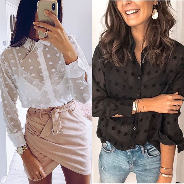 women polka dot retro blouse shirt early spring modern chiffon shirt vogue see-through loose button long sleeve blouse street, White
women polka dot retro blouse shirt early spring modern chiffon shirt vogue see-through loose button long sleeve blouse street, White