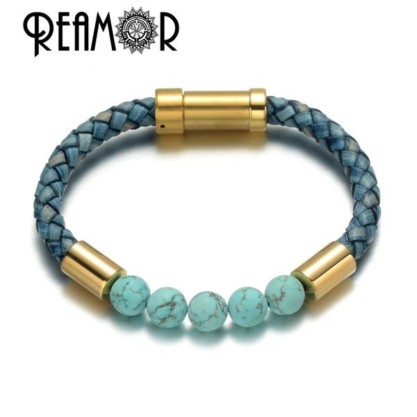 reamor sea series blue-veins natural stone retro braided leather charm bracelet men gold plating stainless steel clasp bangle, Golden;silver
reamor sea series blue-veins natural stone retro braided leather charm bracelet men gold plating stainless steel clasp bangle, Golden;silver
