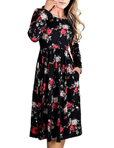 finmye women's long sleeve pleated floral swing midi dress with pocket, Black;gray
finmye women's long sleeve pleated floral swing midi dress with pocket, Black;gray