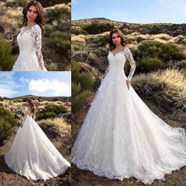 2019 Long Sleeve Wedding Dresses A Line Sheer Neckline Backless Lace and Satin Beaded Bridal Wedding Gowns
2019 Long Sleeve Wedding Dresses A Line Sheer Neckline Backless Lace and Satin Beaded Bridal Wedding Gowns