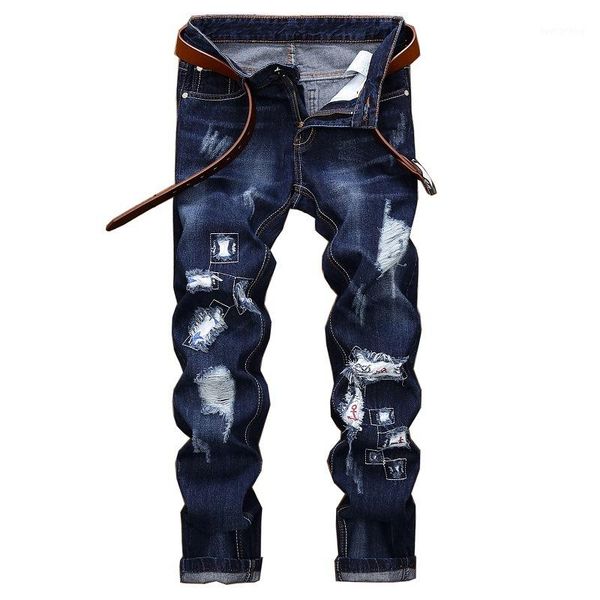 original brand mens jeans fashion designer distressed ripped jeans men straight fit denim trousers embroidery1, Blue
original brand mens jeans fashion designer distressed ripped jeans men straight fit denim trousers embroidery1, Blue