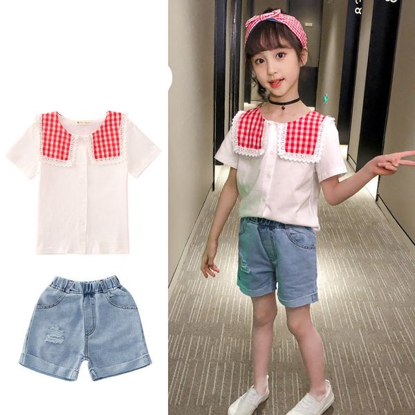girl clothes set kid girls plaid turn down collar t-shirt + denim short pants jeans two pieces outfits children clothes set, White
girl clothes set kid girls plaid turn down collar t-shirt + denim short pants jeans two pieces outfits children clothes set, White