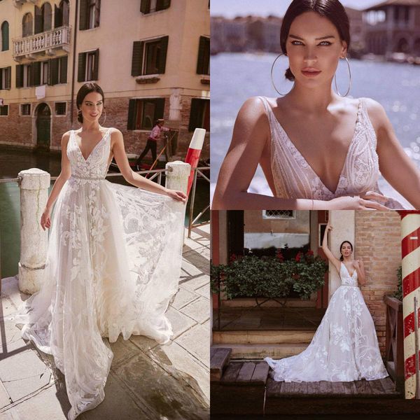 2020 inbal dror wedding dresses a line lace appliqued v neck crystal belt bohemia bridal gowns sweep train custom made vestidos de novia, White
2020 inbal dror wedding dresses a line lace appliqued v neck crystal belt bohemia bridal gowns sweep train custom made vestidos de novia, White