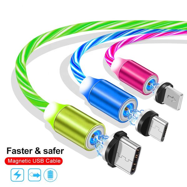 

Flowing light led magnetic uction charger cable fa t charge data cable magnet cord 1m micro u b type c cable for am ung xiaomi lg android