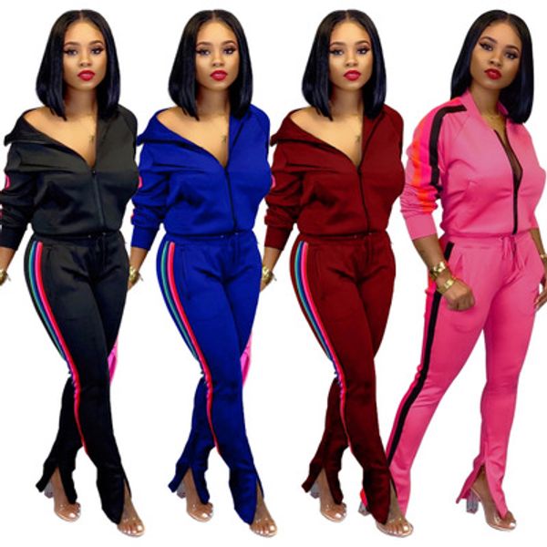 fall women side stripes casual zipper long sleeves bodycon pants set 2pcs, White