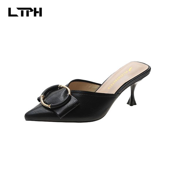 020 summer new net red thin high-heeled sandals and slippers female ins tide wear fashionable pointe woman shoes, Black