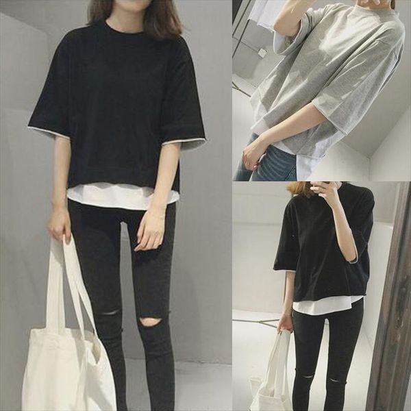 short-sleeved t-shirt female summer loose solid color seven-point sleeve fake two-piece student all-match mosaic harajuku bffeng, White
short-sleeved t-shirt female summer loose solid color seven-point sleeve fake two-piece student all-match mosaic harajuku bffeng, White