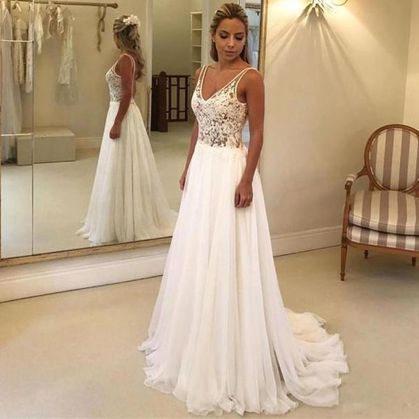 2020 spaghetti straps beach wedding dresses appliques lace bridal gowns sleeveless v-neck long dress backless party gowns vestidos de noiva, White
2020 spaghetti straps beach wedding dresses appliques lace bridal gowns sleeveless v-neck long dress backless party gowns vestidos de noiva, White