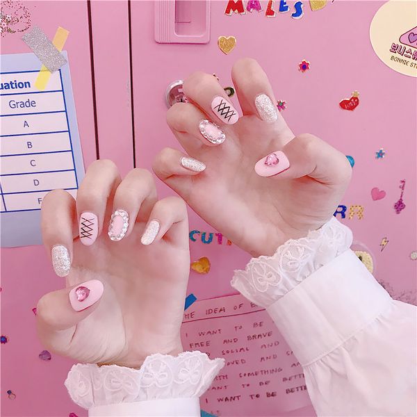 girls sweet summer pink color fake nails women fashion heart design false nail korean style 3d cute nail art tips with glue, Red;gold 
girls sweet summer pink color fake nails women fashion heart design false nail korean style 3d cute nail art tips with glue, Red;gold
