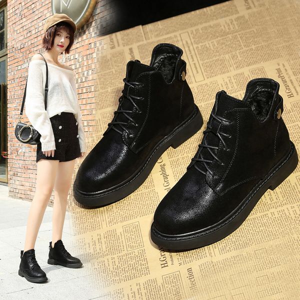 boots woman england wind student joker winter ankle joint short boots woman flat bottom, Black