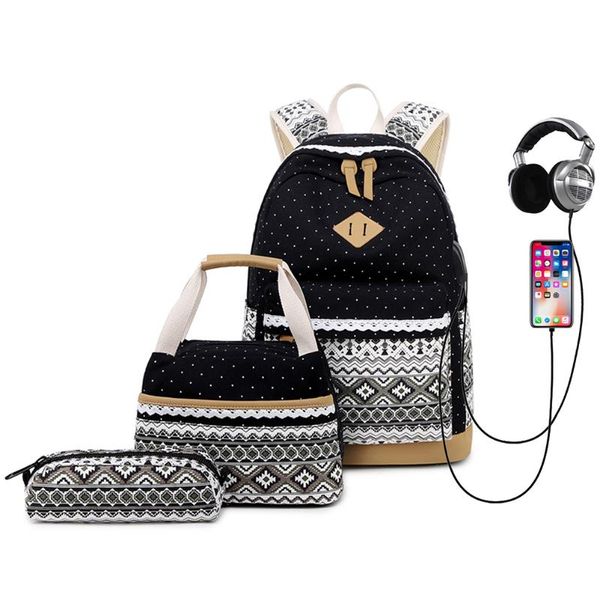 3pcs/set women usb charging canvas backpack dot-printed canvas school back bags for teenage girls travel backpacks
3pcs/set women usb charging canvas backpack dot-printed canvas school back bags for teenage girls travel backpacks