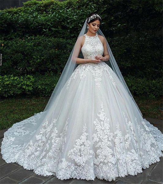2019 luxury lace appliqued ball gown wedding dresses vintage halter plus size open back bridal gown, White
2019 luxury lace appliqued ball gown wedding dresses vintage halter plus size open back bridal gown, White