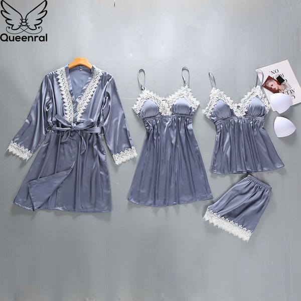 queenral 4pcs pajamas set satin sleepwear female with chest pads pijama long sleeve summer home clothing nightwear robe pyjamas, Blue;gray
queenral 4pcs pajamas set satin sleepwear female with chest pads pijama long sleeve summer home clothing nightwear robe pyjamas, Blue;gray