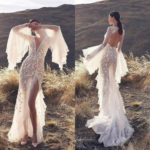 bohemian mermaid wedding dresses v neck lace appliqued long sleeve side split bridal gowns wedding dress vestidos de novia, White
bohemian mermaid wedding dresses v neck lace appliqued long sleeve side split bridal gowns wedding dress vestidos de novia, White