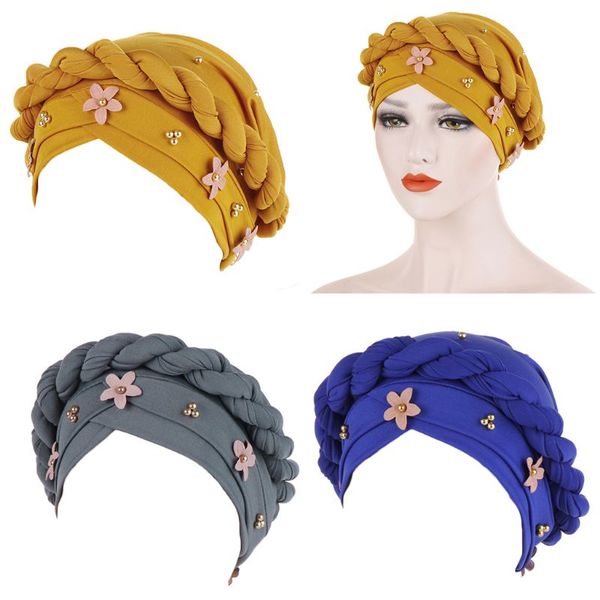 women faux pearl beading braided muslim turban hat cloth flower pleated twist chemo cap european elastic beanies headwrap, Blue;gray
women faux pearl beading braided muslim turban hat cloth flower pleated twist chemo cap european elastic beanies headwrap, Blue;gray