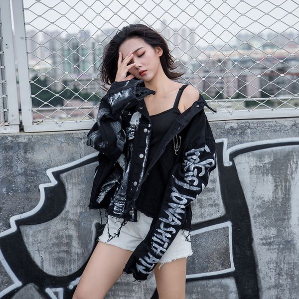 women's long sleeve casual coat black buttons ripped oversized pin graffiti pockets single breasted cut out denim jackets, Black;brown
women's long sleeve casual coat black buttons ripped oversized pin graffiti pockets single breasted cut out denim jackets, Black;brown