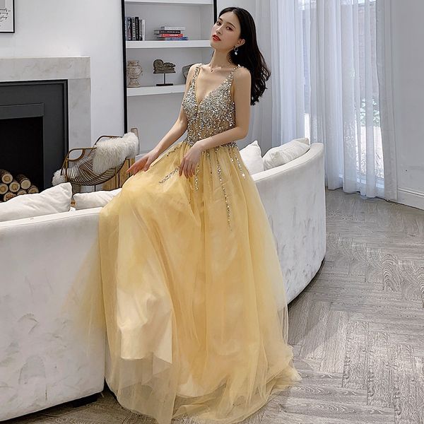fancy yellow prom dresses long evening gowns deep v-neck backless sweep long train evening gowns with beading peplum tulle, Black
fancy yellow prom dresses long evening gowns deep v-neck backless sweep long train evening gowns with beading peplum tulle, Black