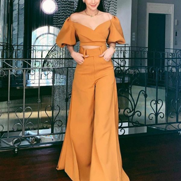 2020 early spring in europe and america luyao puff short sleeve solid color piece pants waist was split hem female trousers, White
2020 early spring in europe and america luyao puff short sleeve solid color piece pants waist was split hem female trousers, White