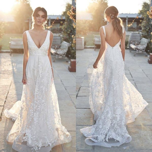 2020 lace backless a line bride dresses appliques v neck bridal gowns summer wedding dress, White
2020 lace backless a line bride dresses appliques v neck bridal gowns summer wedding dress, White