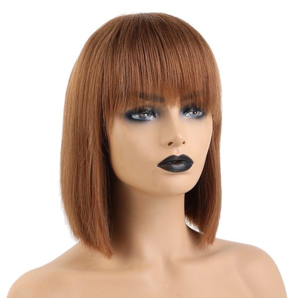 short straight light brown wigs women straight ends short fiber wig with bangs, Black 
short straight light brown wigs women straight ends short fiber wig with bangs, Black
