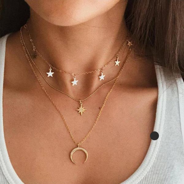 multi layers necklace moon star pendant with crystal setting metal chain gold plated for accessory shop women gift, Golden;silver
multi layers necklace moon star pendant with crystal setting metal chain gold plated for accessory shop women gift, Golden;silver