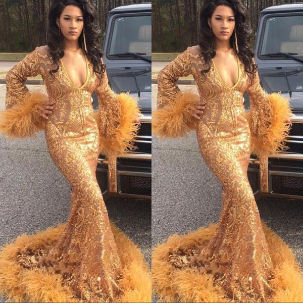 african long sleeve mermaid prom dress gold sequins feather formal evening party pageant gown custom made, Black
african long sleeve mermaid prom dress gold sequins feather formal evening party pageant gown custom made, Black
