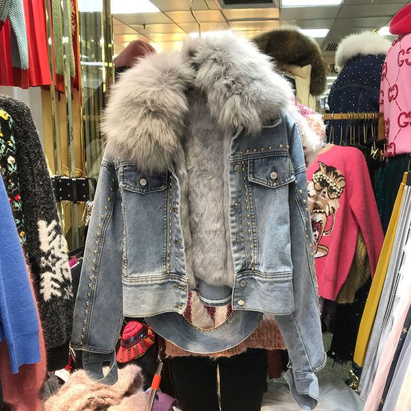 new winter fur collar rivet diamond jeans jacket women thickening liner remove denim cotton padded warm streetwear parka, Black
new winter fur collar rivet diamond jeans jacket women thickening liner remove denim cotton padded warm streetwear parka, Black