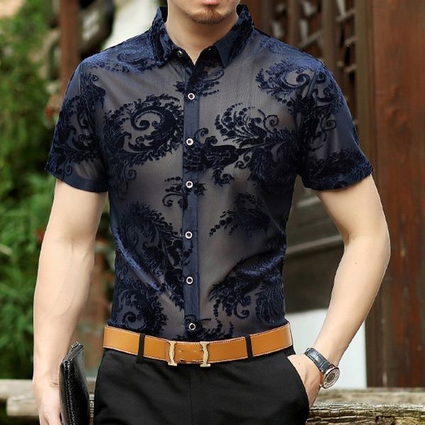 men's casual shirts summer mens see through floral embroidery caual slik shirt hollow out short sleeve party clubwear man camisa, White;black
men's casual shirts summer mens see through floral embroidery caual slik shirt hollow out short sleeve party clubwear man camisa, White;black