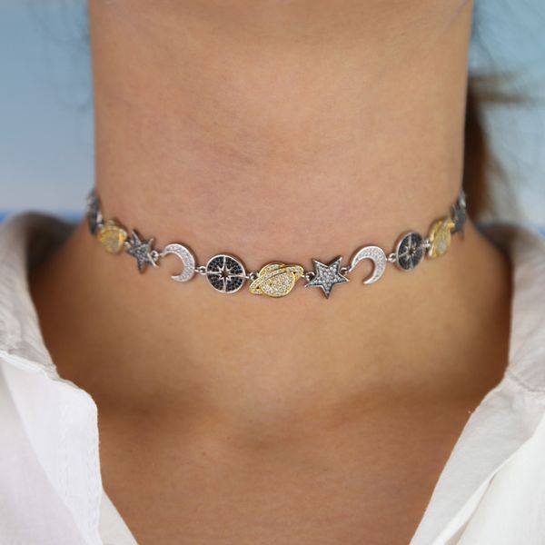 multi charm paved choker heavy jewelry white black cz lucky charm link chain moon northstar saturn planet statement necklace, Golden;silver
multi charm paved choker heavy jewelry white black cz lucky charm link chain moon northstar saturn planet statement necklace, Golden;silver