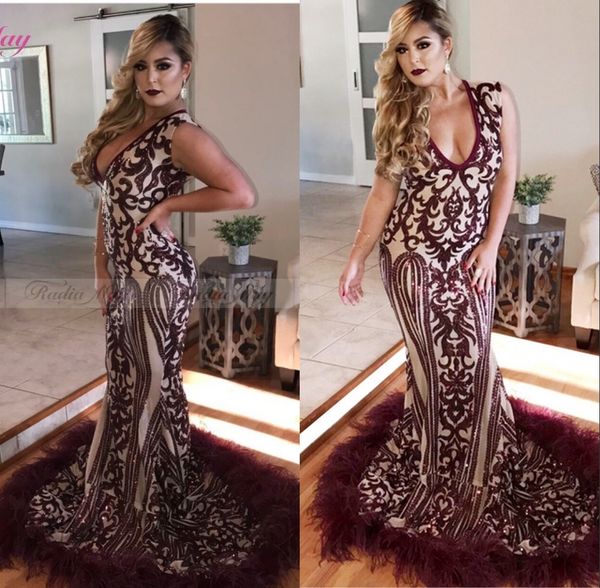 Sexy Dark Red Sleeveless Prom Evening Dresses 2019 Sequined Mermaid Appliqued Feather Party Gowns Pageant Dress Plus Size Custom
Sexy Dark Red Sleeveless Prom Evening Dresses 2019 Sequined Mermaid Appliqued Feather Party Gowns Pageant Dress Plus Size Custom