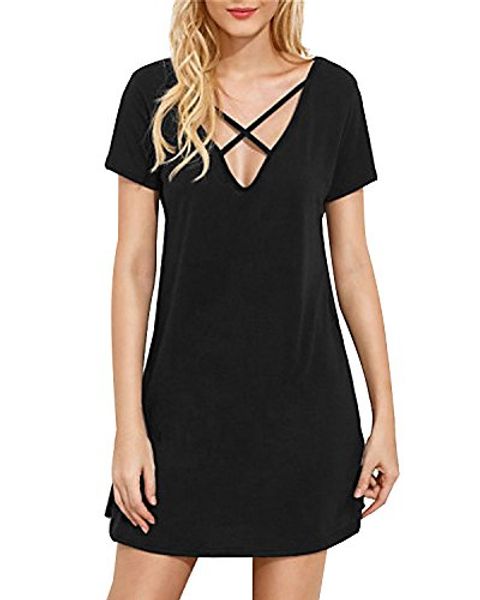 styledome women cross front short sleeve elegant deep v neck casual mini shirt dress, Black;gray
styledome women cross front short sleeve elegant deep v neck casual mini shirt dress, Black;gray