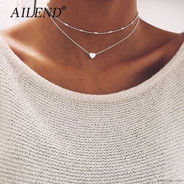 Fashion Heart-shaped Metal Pendant Necklace Female Zinc Alloy Cable Chain Double Short Necklace New Jewelry Party Gift