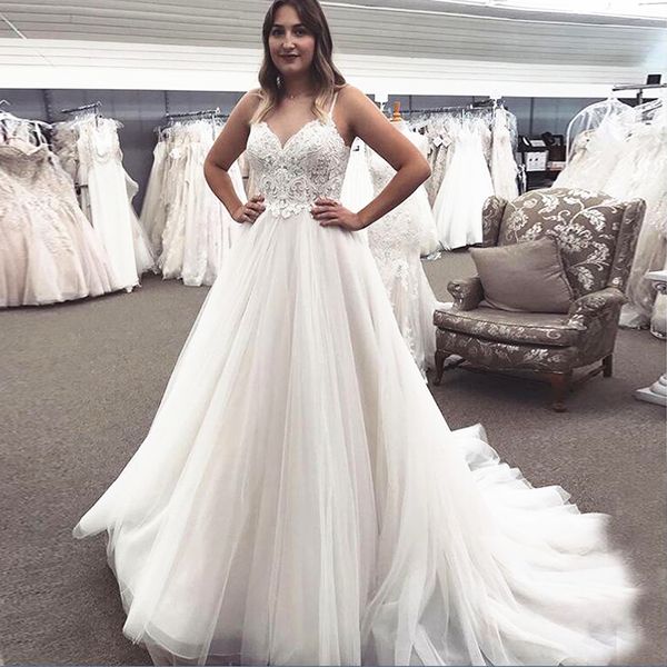 spaghetti straps backless wedding dresses appliqued lace soft tulle skirt a line boho bridal gowns vestidos de noiva, White
spaghetti straps backless wedding dresses appliqued lace soft tulle skirt a line boho bridal gowns vestidos de noiva, White