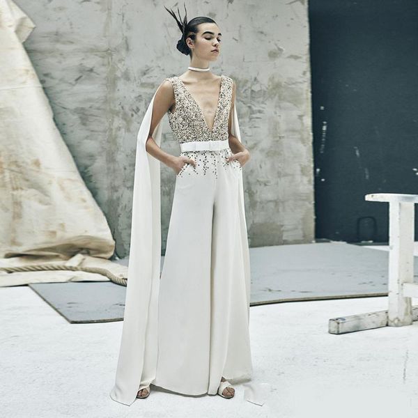 special design white jumpsuit formal evening gown sheer sequins beaded v-neck prom dress with wrap saudi style reception dress, Black;red
special design white jumpsuit formal evening gown sheer sequins beaded v-neck prom dress with wrap saudi style reception dress, Black;red