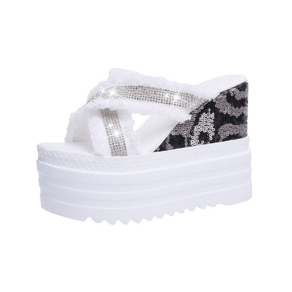 wedge heel high-heeled sandals waterproof platform thick bottom sweet rhinestone sequin fish mouth shoes women slippers, Black
wedge heel high-heeled sandals waterproof platform thick bottom sweet rhinestone sequin fish mouth shoes women slippers, Black