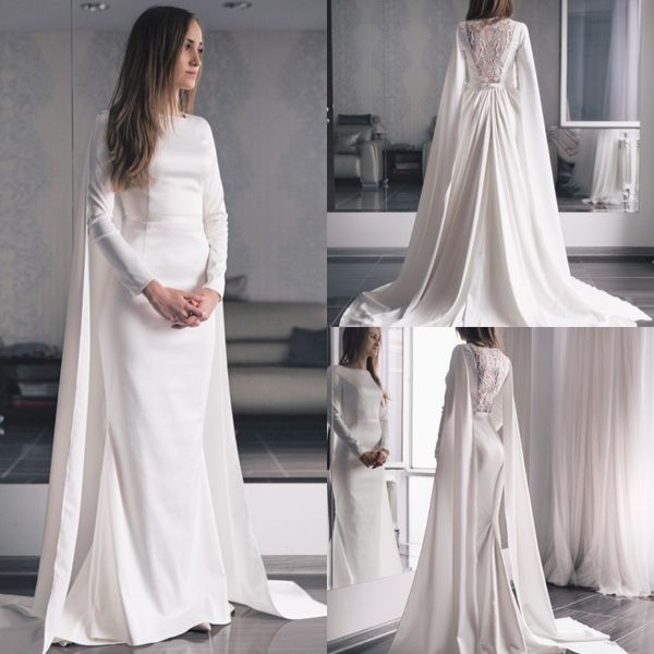 2020 elegant satin mermaid wedding dresses with wraps jewel neck long sleeve illusion backless bridal gowns, White
2020 elegant satin mermaid wedding dresses with wraps jewel neck long sleeve illusion backless bridal gowns, White
