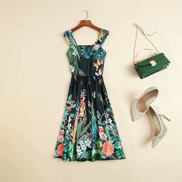 european and american women's dress 2020 summer style floral print condole belt pleated black dress, Black;gray
european and american women's dress 2020 summer style floral print condole belt pleated black dress, Black;gray