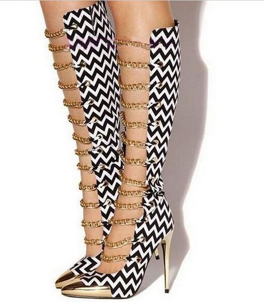 gold chains decorated boots pointed toe high heel knee high gladiator sandals boots for women summer dress shoes, Black
gold chains decorated boots pointed toe high heel knee high gladiator sandals boots for women summer dress shoes, Black