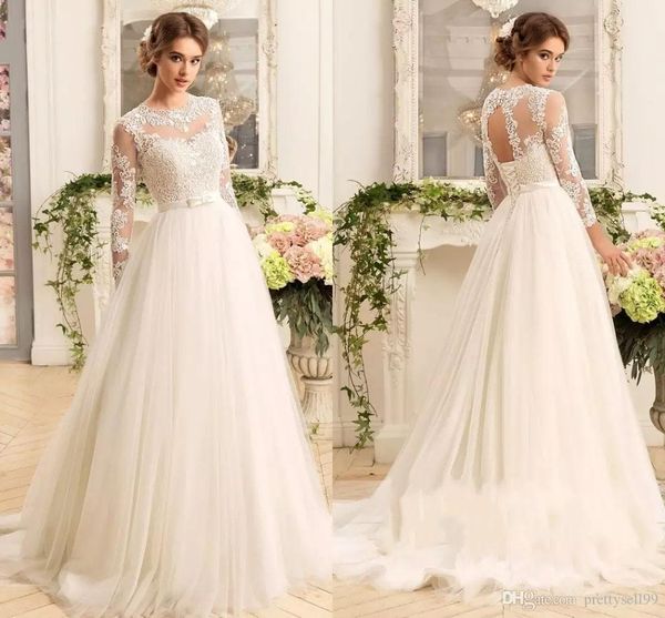 vintage lace a line wedding dresses long sleeves jewel neck tulle sweep train wedding bridal gowns with bow, White
vintage lace a line wedding dresses long sleeves jewel neck tulle sweep train wedding bridal gowns with bow, White
