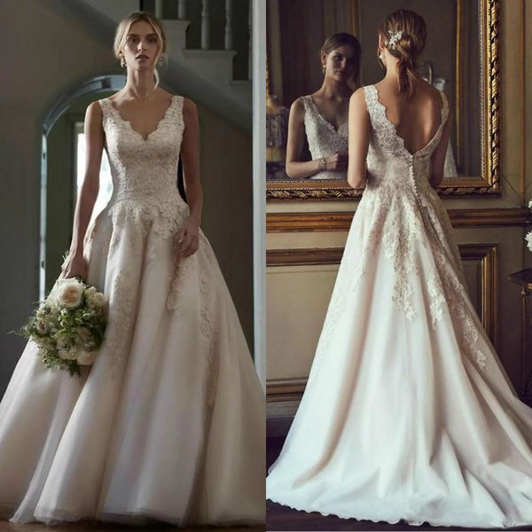 modest a line wedding dresses v neck sleeveless lace appliques bridal gown backless chapel wedding party skirt, White
modest a line wedding dresses v neck sleeveless lace appliques bridal gown backless chapel wedding party skirt, White