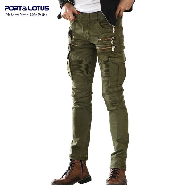 

port&lotus jeans men casual fashion men jeans solid color biker army style slim 004 skinny brand clothing, Blue
