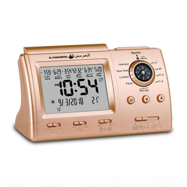 muslim table clock with adhan alarm for all cities islamic azan time for prayer with qiblah direction temp and hijir calendar t200502, Slivery;golden
muslim table clock with adhan alarm for all cities islamic azan time for prayer with qiblah direction temp and hijir calendar t200502, Slivery;golden