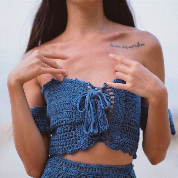 women off shoulder knitted crop bohemian casual beachwear hollow out lace up camis, White
women off shoulder knitted crop bohemian casual beachwear hollow out lace up camis, White