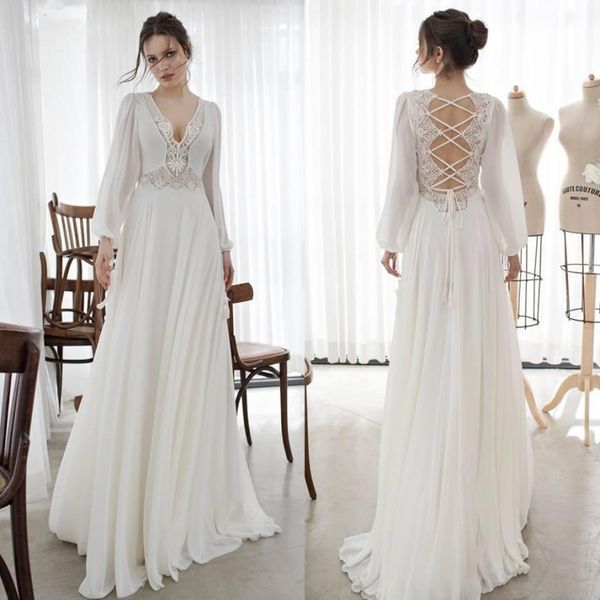 stylish lace backless beach wedding dresses deep v neck long sleeves bridal gowns a line floor length chiffon robe de mariée, White
stylish lace backless beach wedding dresses deep v neck long sleeves bridal gowns a line floor length chiffon robe de mariée, White
