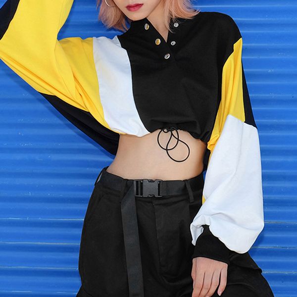 women sweatshirt short pullovers drawstring v-neck patchwork long sleeve button blouse casual streetwear sweatshirt, Black
women sweatshirt short pullovers drawstring v-neck patchwork long sleeve button blouse casual streetwear sweatshirt, Black